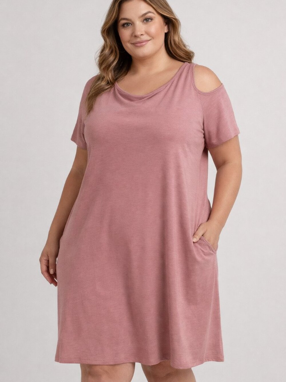 Nemidor Cold-Shoulder Dress in Dusty Rose with Side Pockets